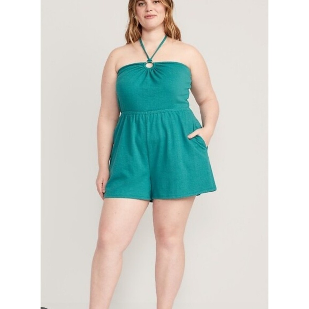 Old Navy halter romper swim cover Women SZ L Teal terryknit boho vacation casual